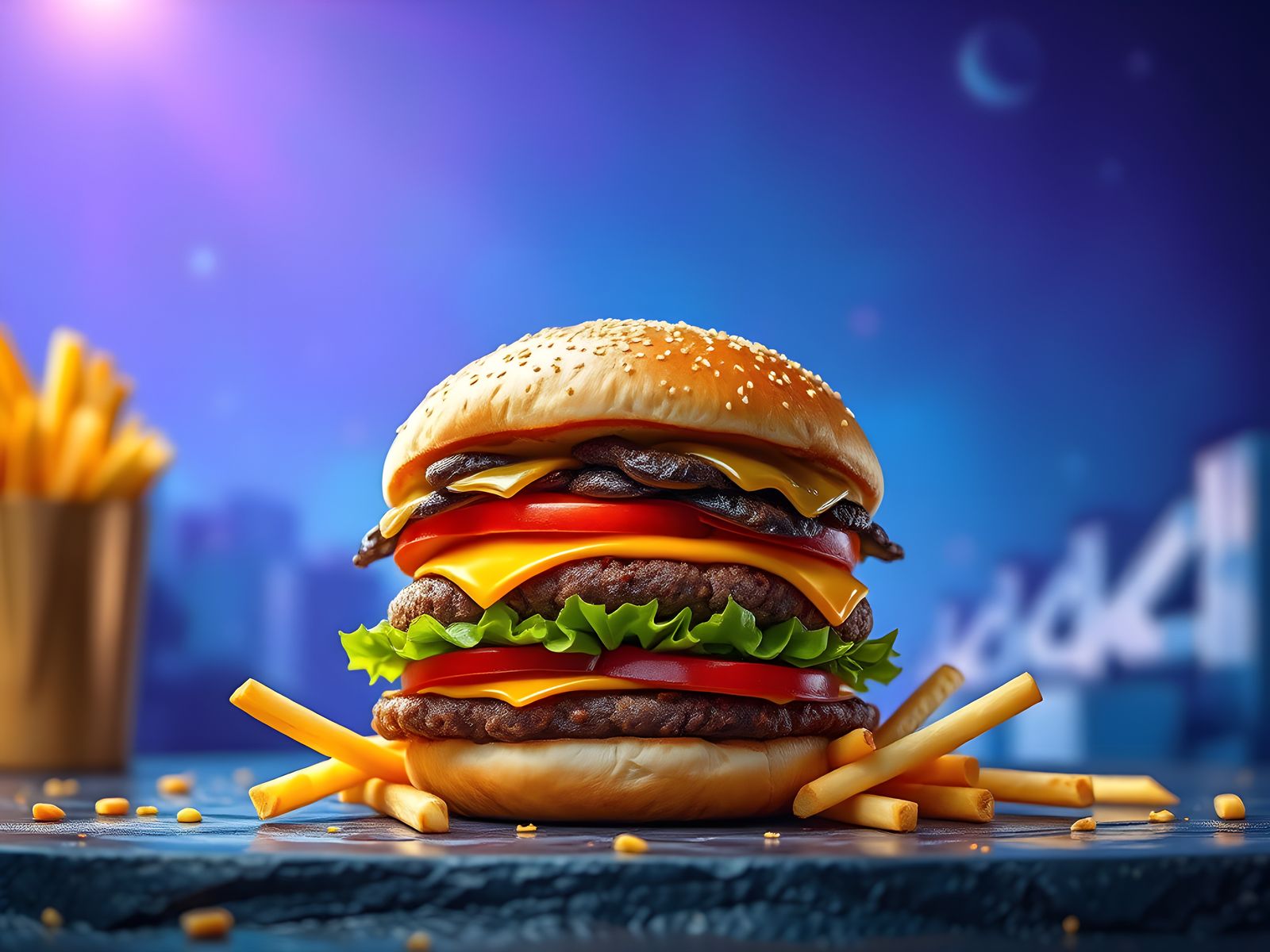 Hyperrealistic Hamburger and Fries in Detailed Digital Art