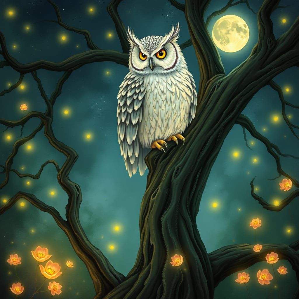 Enchanted Forest Owl with Bioluminescent Wildflowers