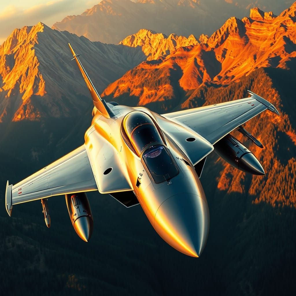 Sleek Silver Fighter Jet in Vibrant Mountain Landscape