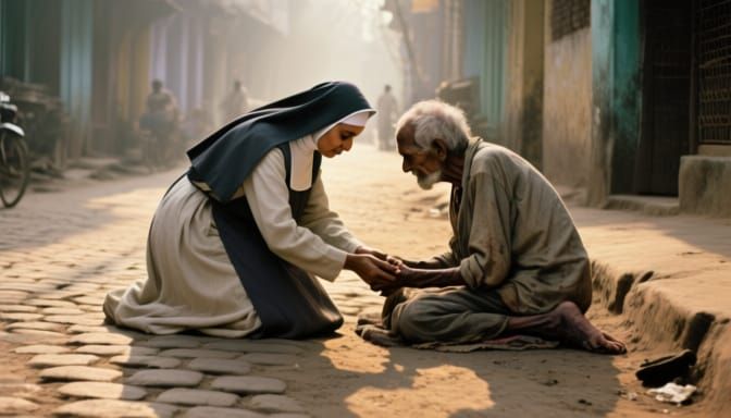 Nun Tends to Abandoned Man in Calcutta Street
