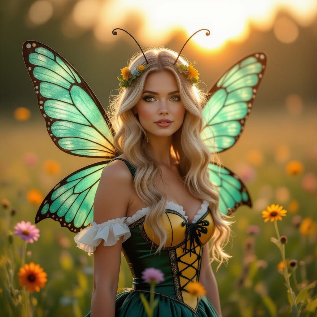 Whimsical Bee Woman in Sun-Dappled Meadow