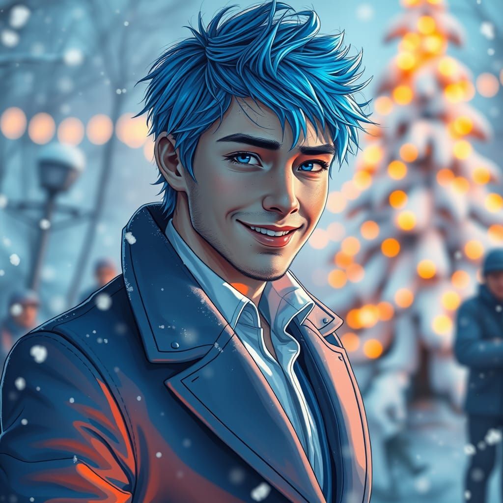 A Young Man Smiles in Winter Wonderland Art