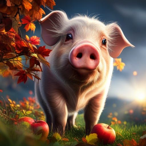 Cute Piglet and Autumn Apples, Detailed Matte Painting