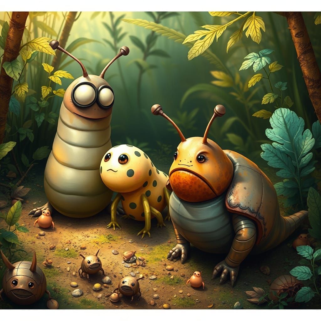 Whimsical Grub Friends in a Lush, Earthy Wonderland