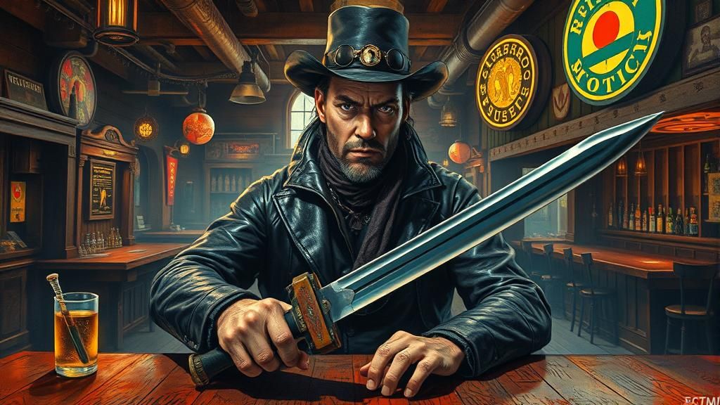 Cyberpunk Gunslinger with Samurai Sword, Gouache Style