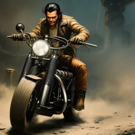 Dieselpunk Cowboy Mechanic on Chopper Motorcycle