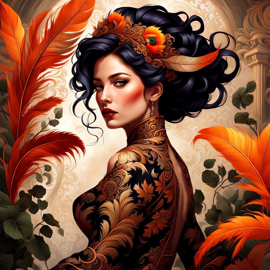 Woman in Damask Dress with Starry Night Sky