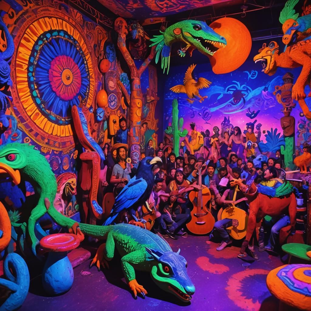 Psychedelic Rock Concert in Ultraviolet-Lit Nightclub