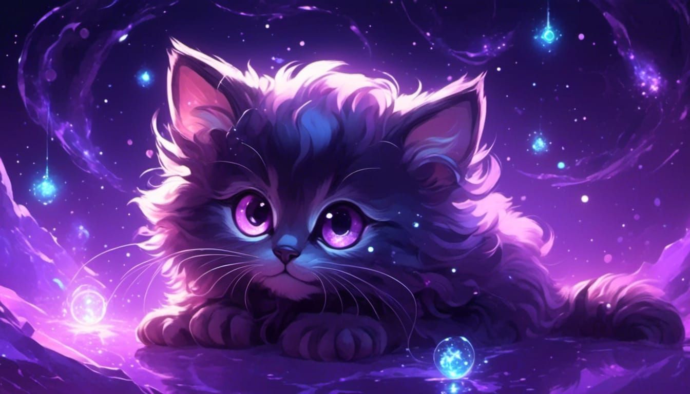 <lora:eye:1.0> intricate adorable cute chibi baby fluffy furry kitten constellation on bioluminescent purple glow shadow...