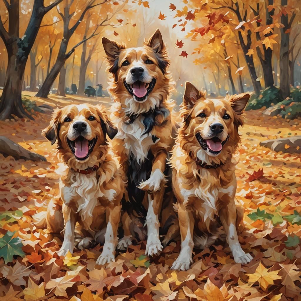 Dogs Playing in Autumn Leaves, Impressionist Style