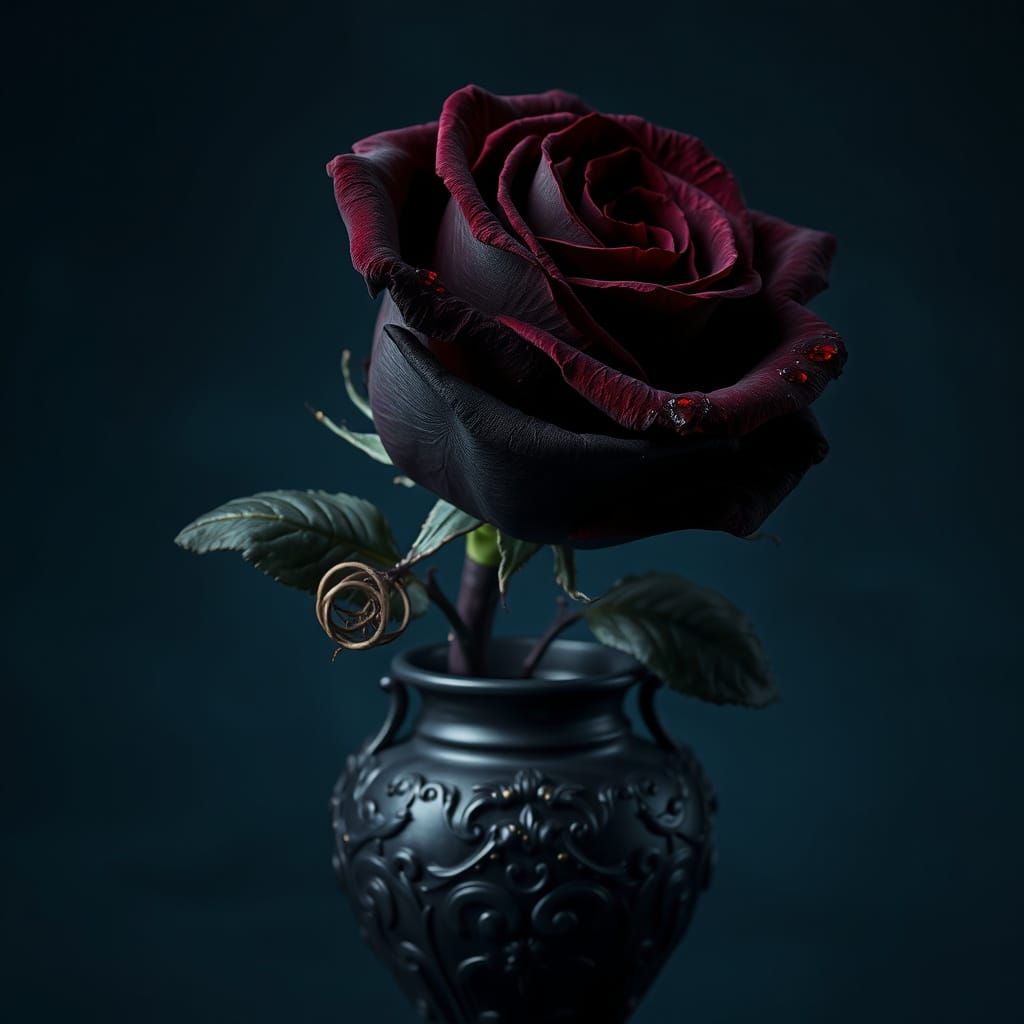 Mysterious Dark Rose in Ornate Black Vase