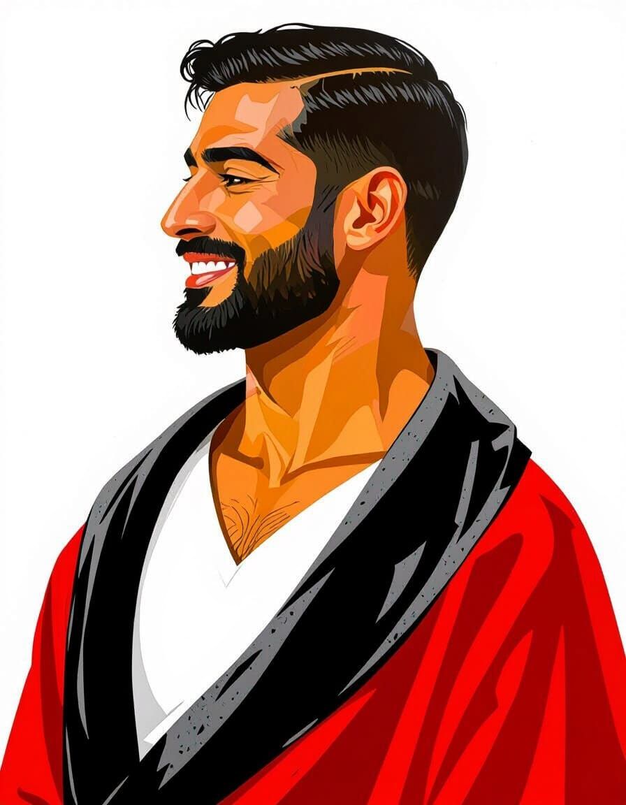 Handsome Man in Red Velvet Bathrobe, Klimt Style
