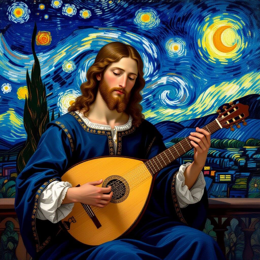 Renaissance Lute Player Under Starry Night Sky