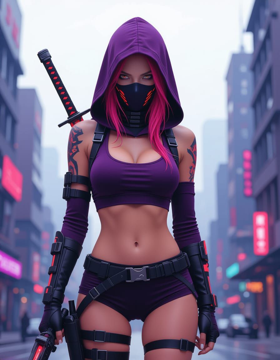 Ultraviolet and Coral Cyberpunk Assassin