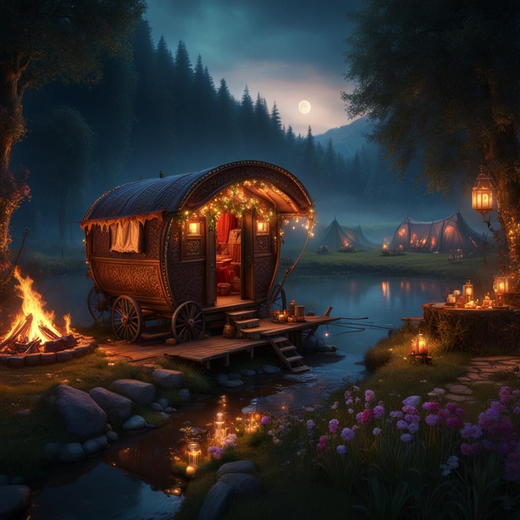 Romanian Gypsy Camp at Night in Detailed Matte Painting