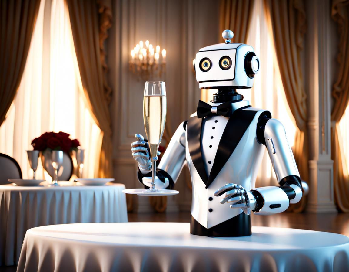 Robot Butler Serves Champagne in Elegant Ballroom