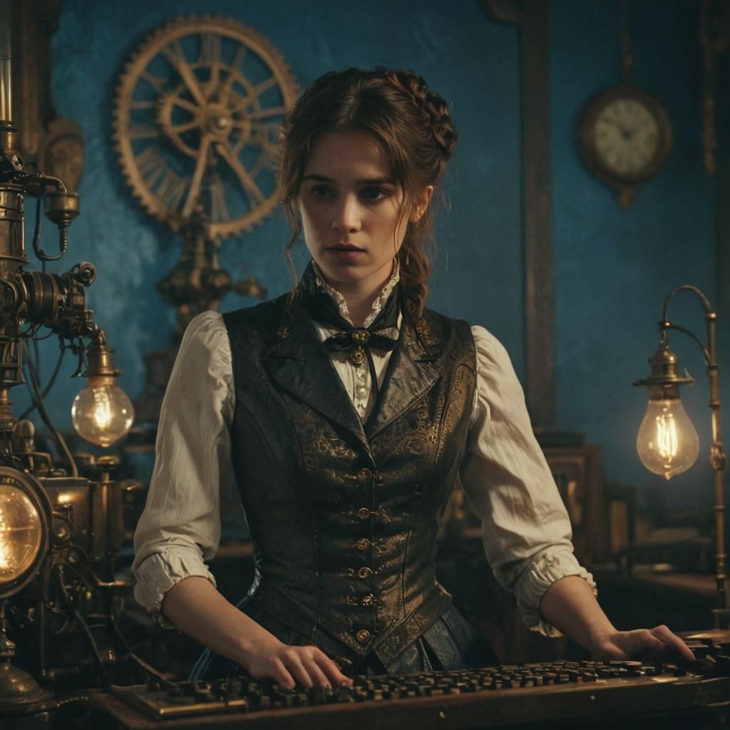 Steampunk Woman Working on Computer in Cinematic Style