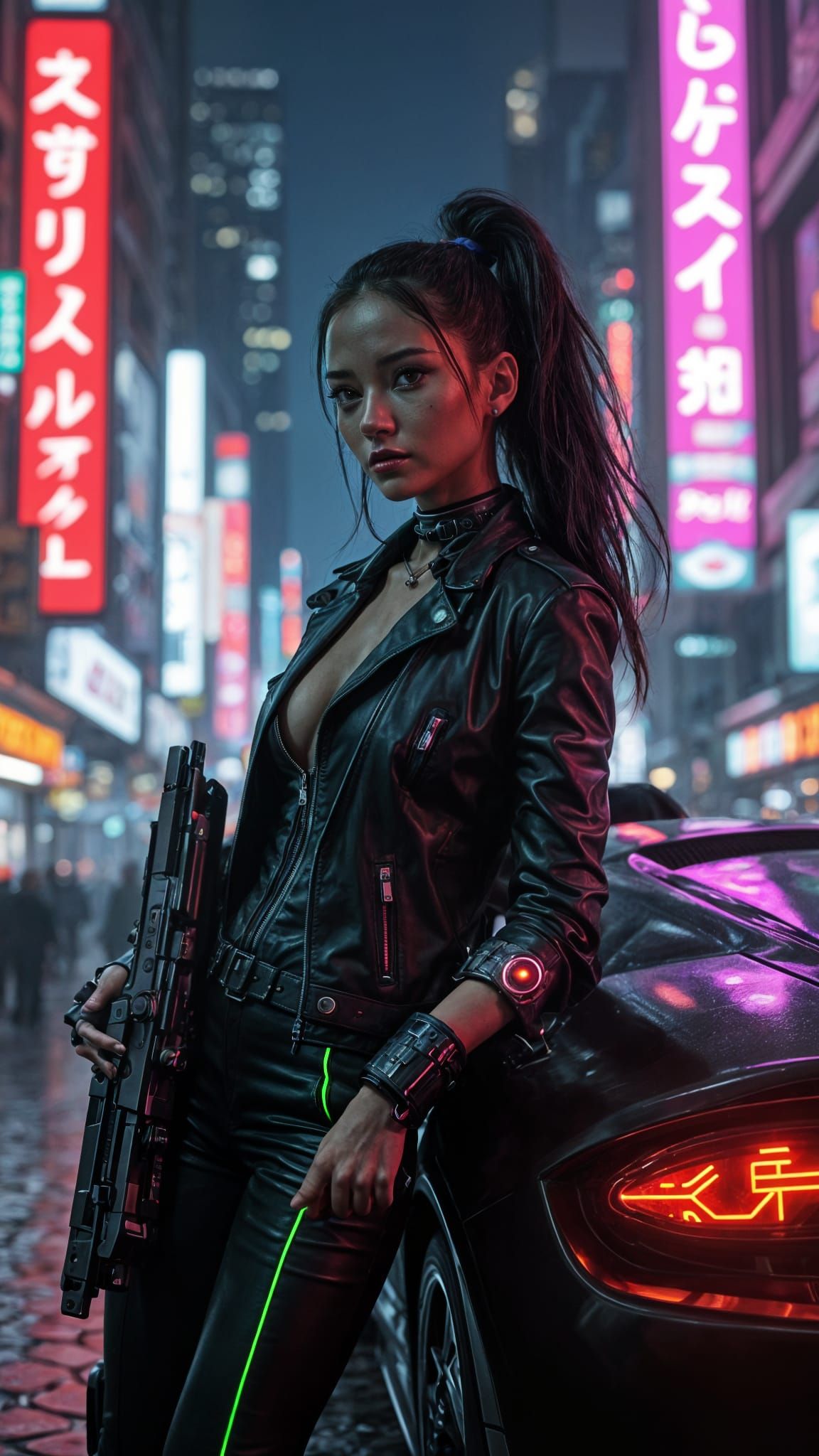 Cyberpunk Woman with Cybernetic Eye in Neon Cityscape