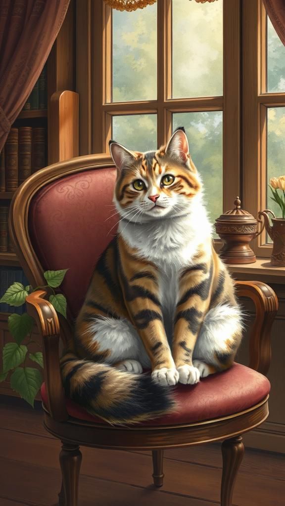 Cozy Cat in Book Nook, Kinkade-Style Masterpiece