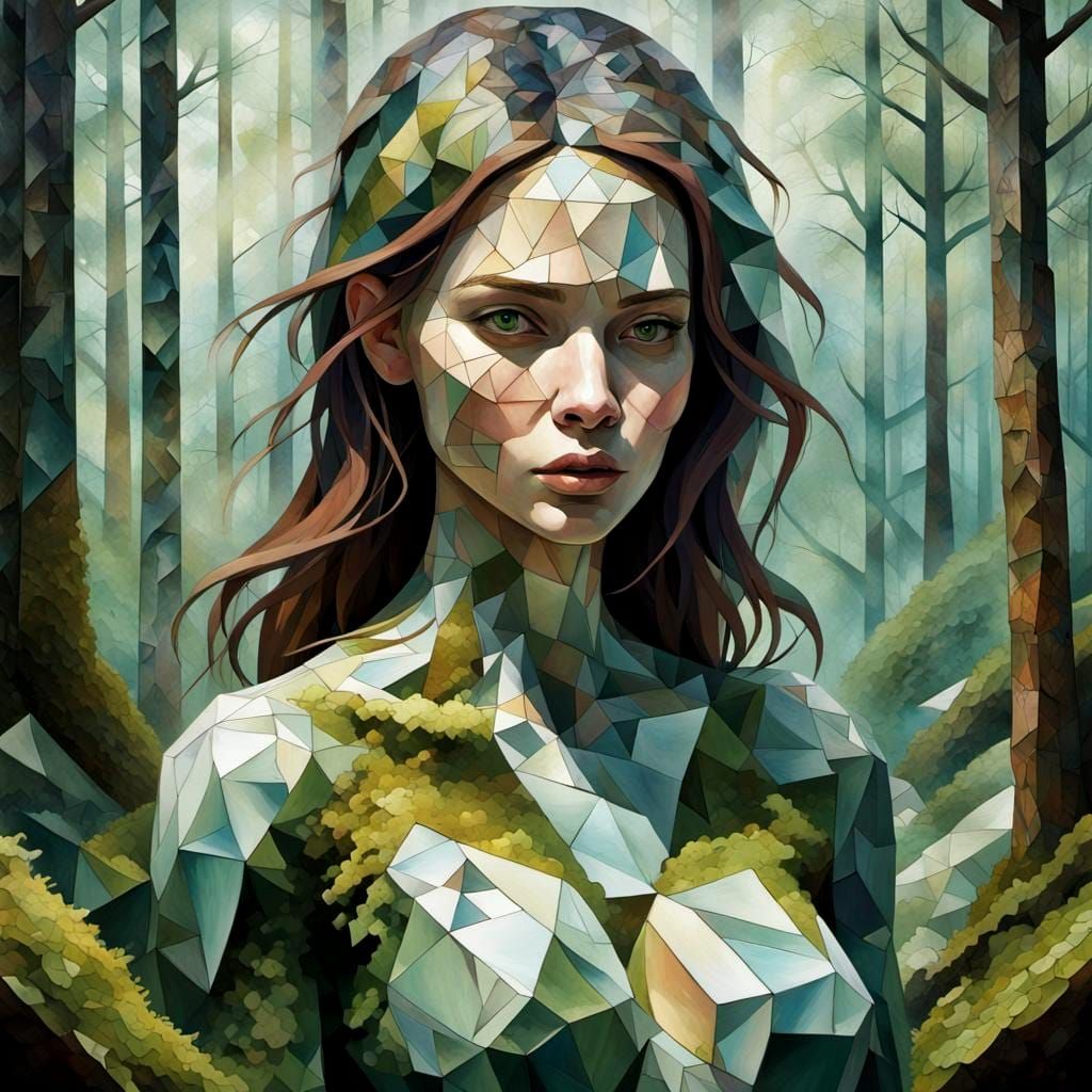 Striking Woman in Forest: Cubism Style Portrait