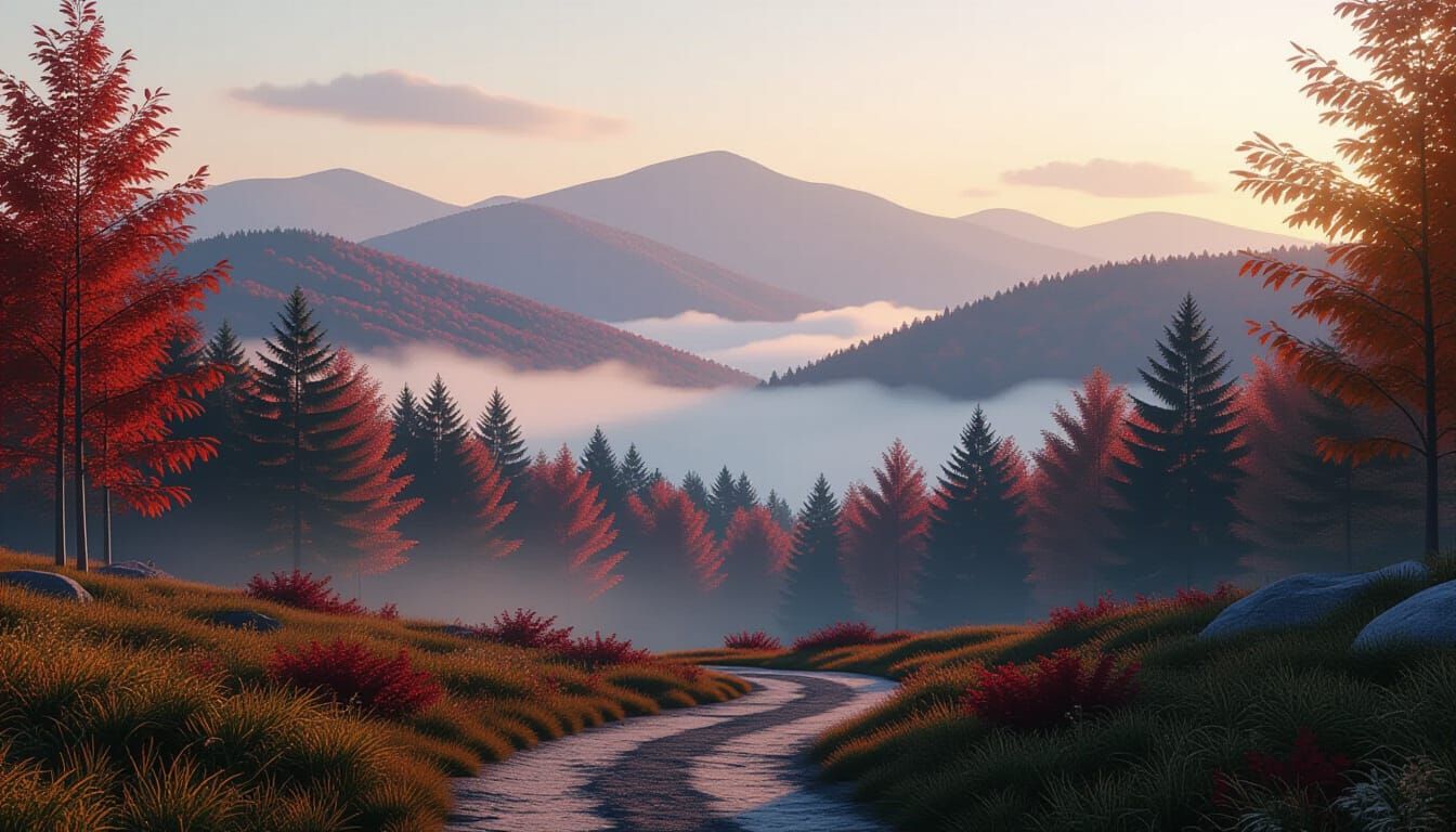 Serene Misty Mountain Path at Dawn in Vintage Poster Style