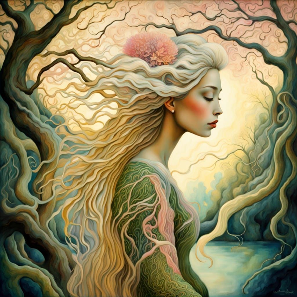 Surrealist Blonde Creature in Birch Tree Forest