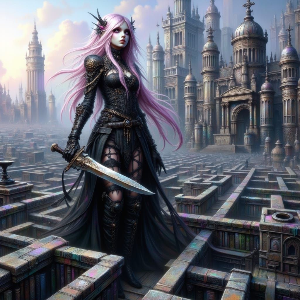 Towering Albino Woman in City Maze, Romantic Goth Style
