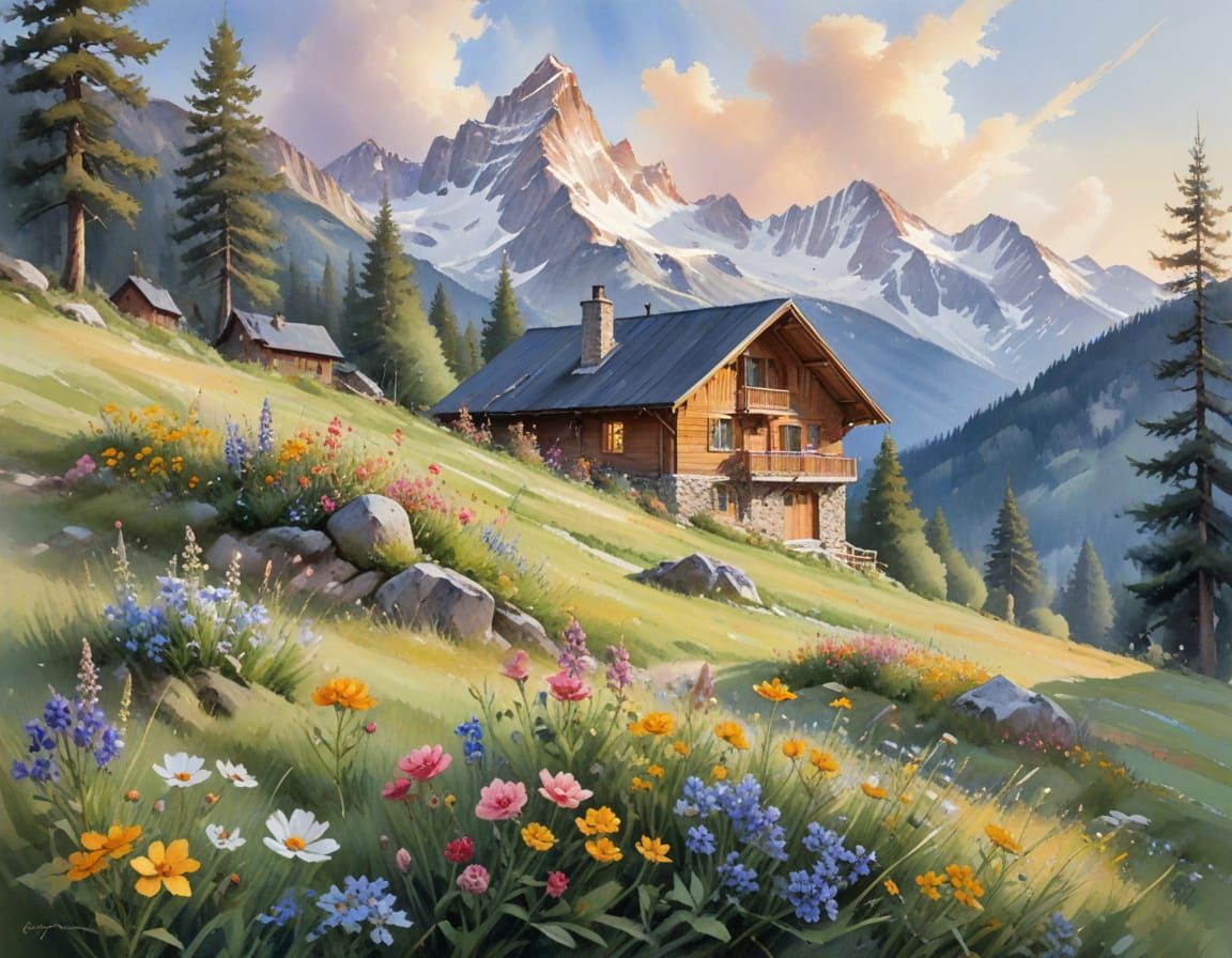 Mountain Chalet at Golden Hour as Impasto Painting