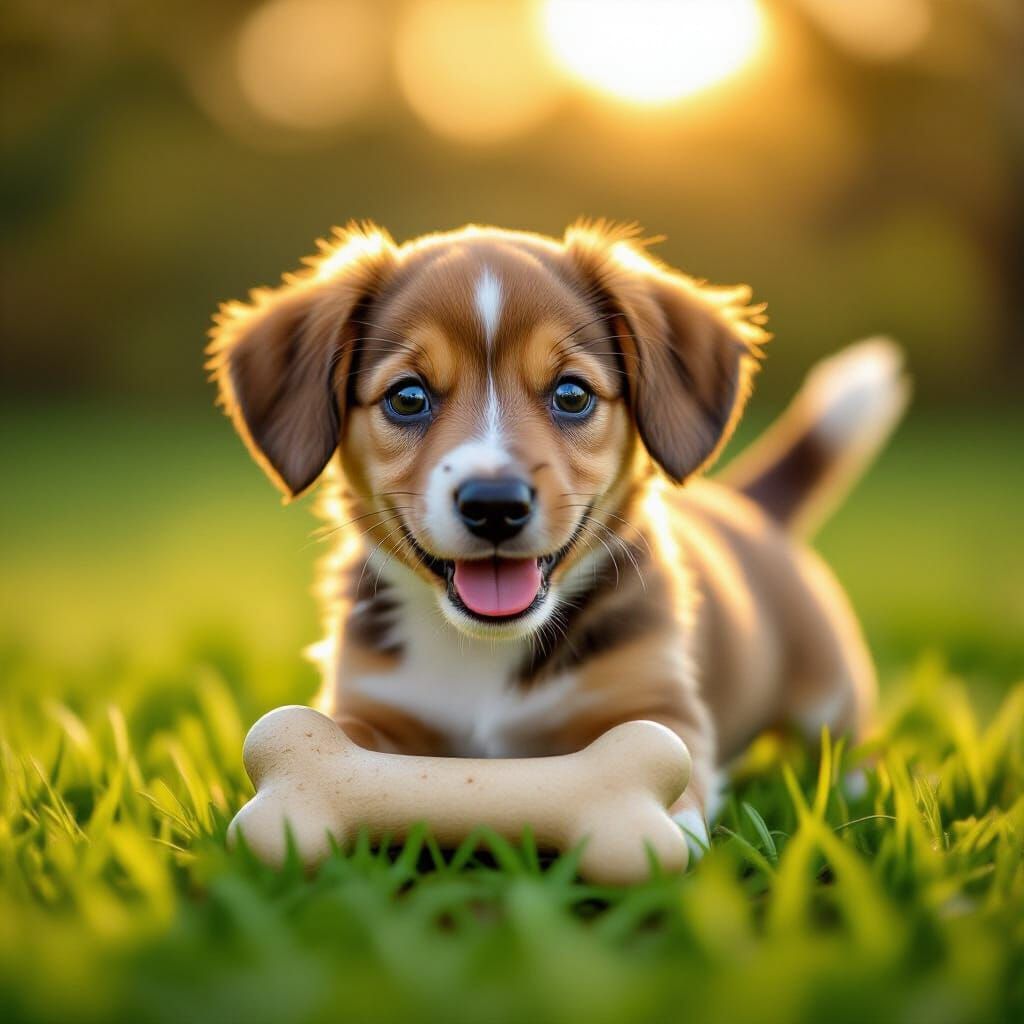 Cute Sausage Dog Plays in Garden with Bone