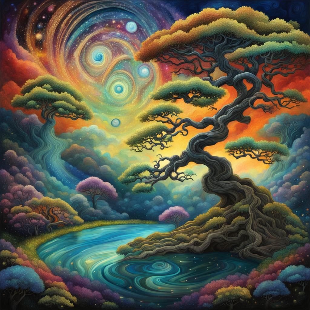 Surreal Bonsai Landscape with Holographic Clouds