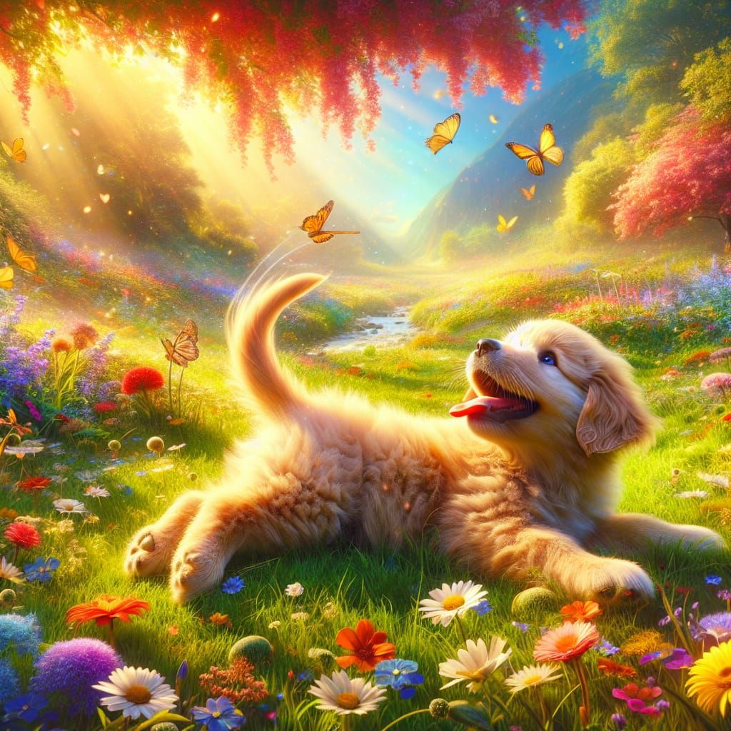 Golden Retriever Puppy's Joyful Meadow Frolic