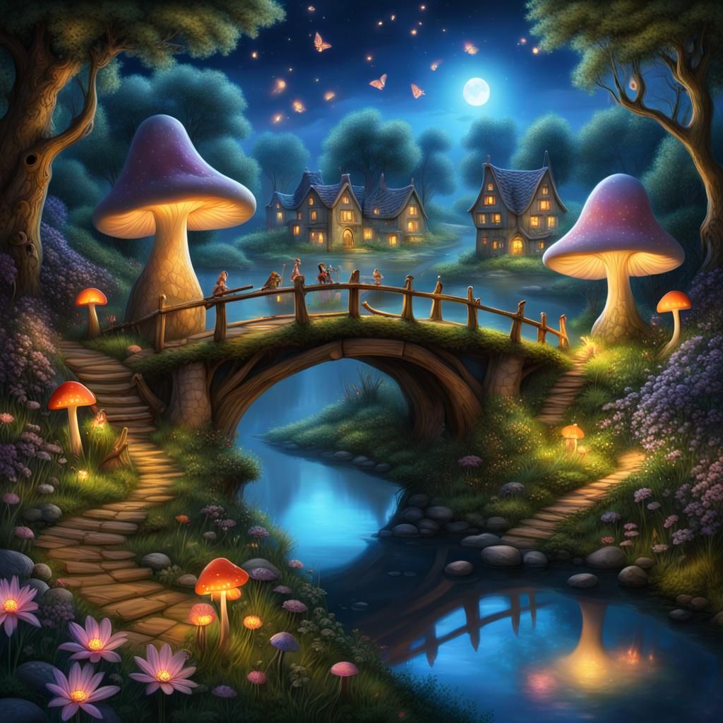 Enchanting Fairy Village with Mushroom Houses in Fantasy Sty...