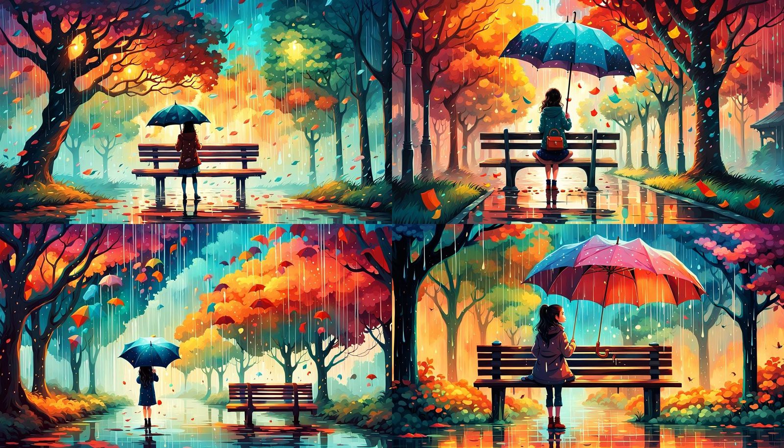 Girl with Umbrella in Rainy Fantasy Landscape