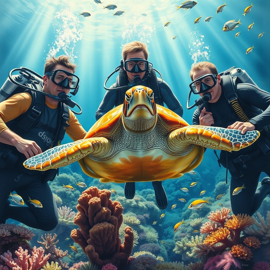 Men Gather Around Majestic Sea Turtle in Vibrant Coral Reef ...