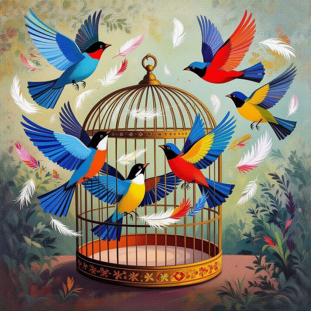 Vibrant Birds Escape Ornate Cage in Feathered Whirlwind