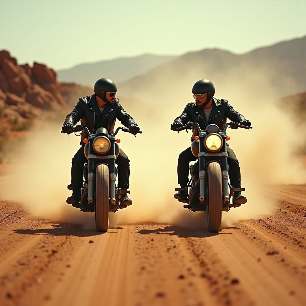 Bikers Faceoff in Desert Landscape: Cinematic Film Still