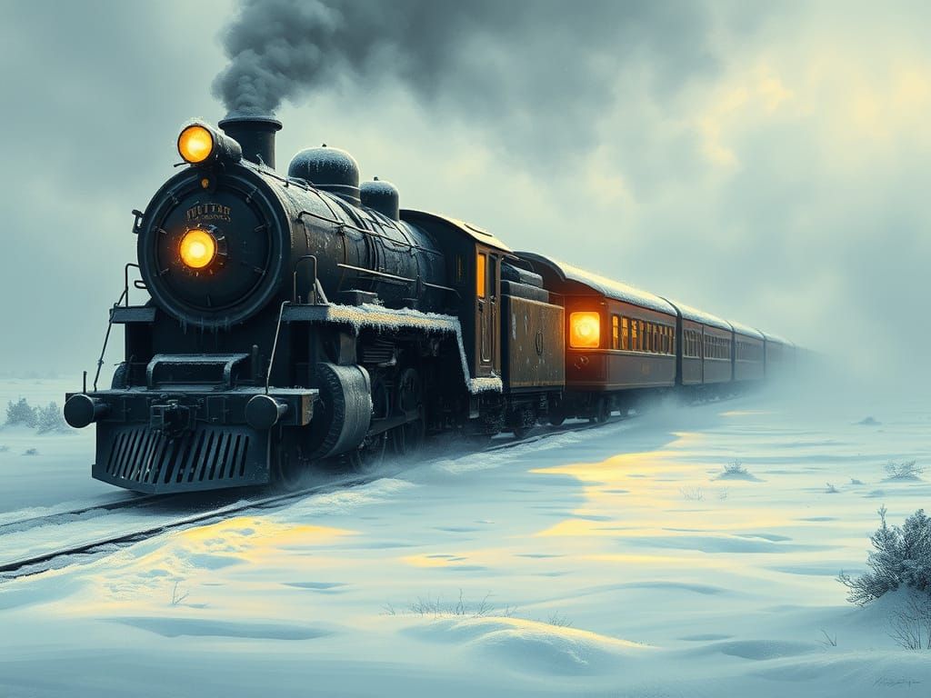 Frost-Covered Train Crosses Snowy Tundra