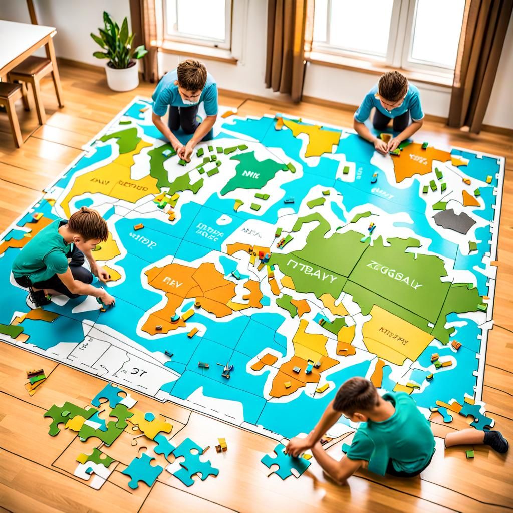 Children Constructing World Map Jigsaw Puzzle