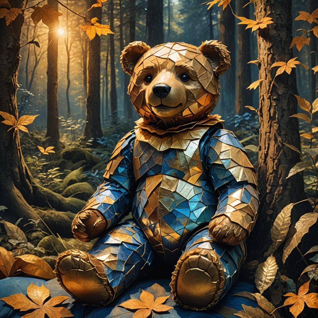 Bronze Teddy Bear with Gold Foil in Mystical Forest