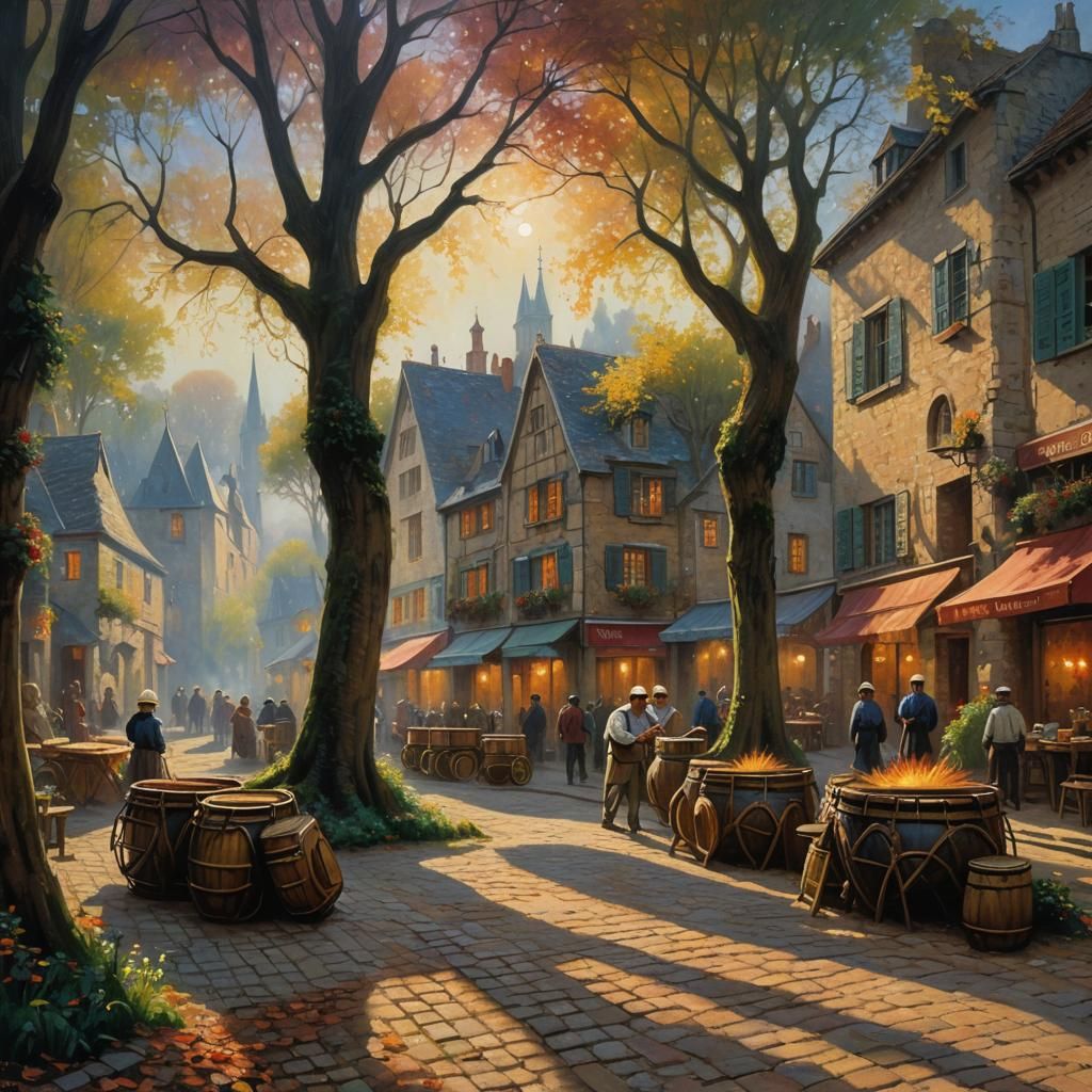 Centipede Bongo Player in Medieval Square as Impressionism