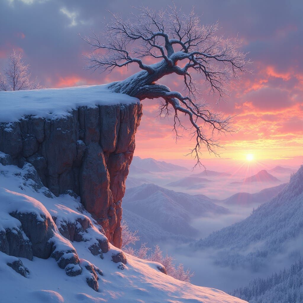 Frosty Landscape at Sunset in Digital Oil Painting