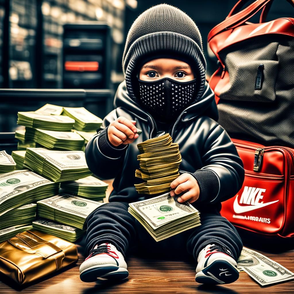 Baby Balaclava with Bag of Money, Hyperrealistic