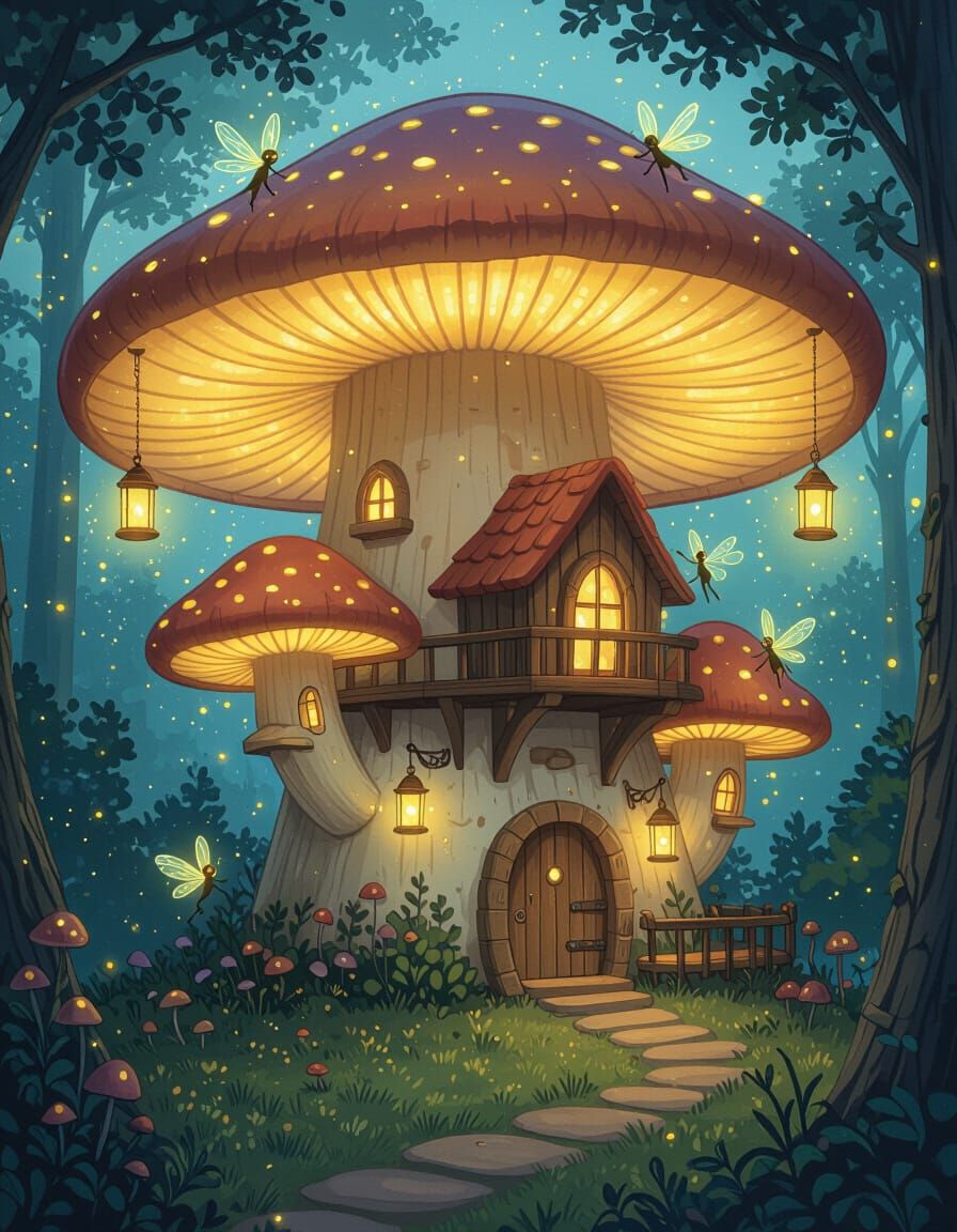 Enchanting Mushroom Treehouse Village with Glowing Lanterns