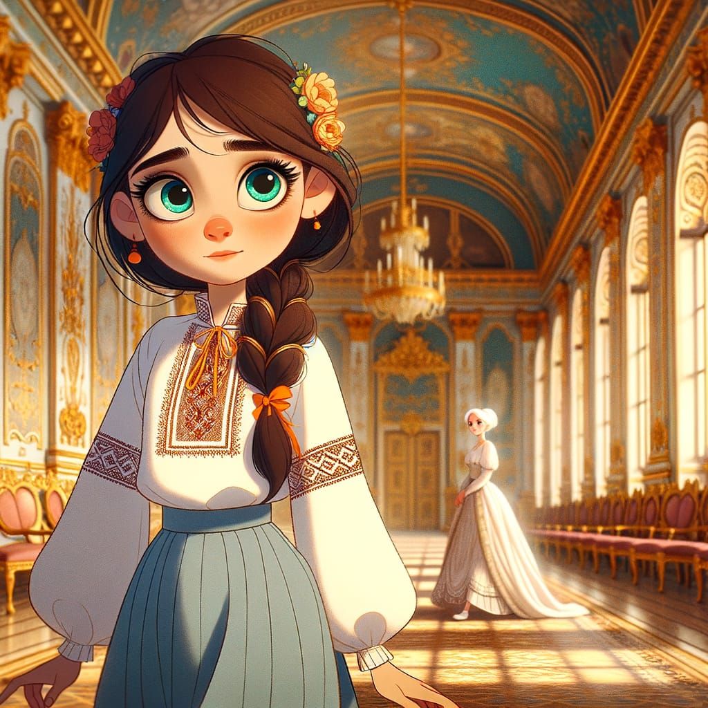 Ukrainian Girl in Vyshyvanka: Animated Whimsical Scene