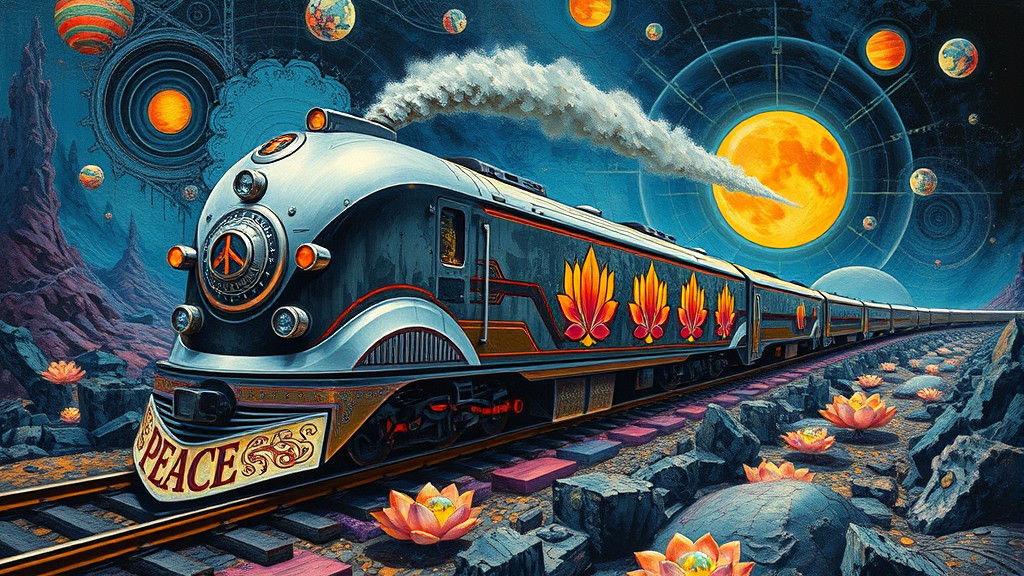 Surreal Peace Train Illustration in Art Deco Style