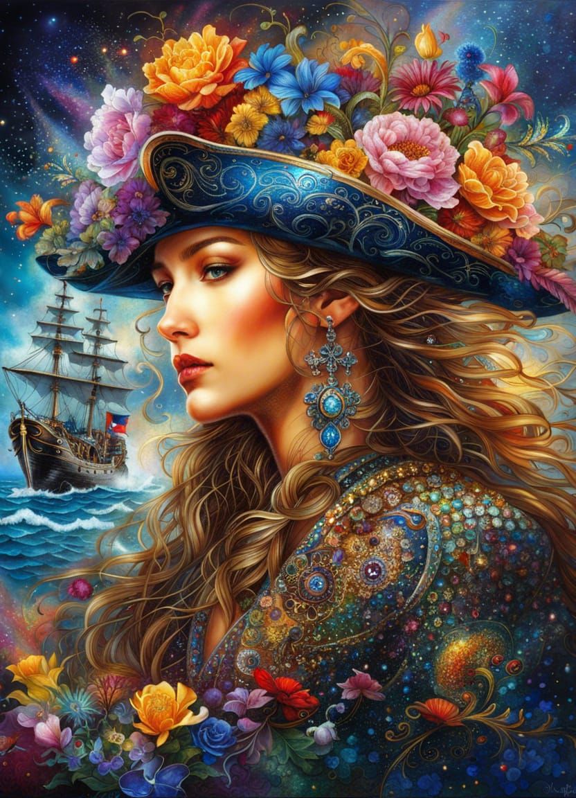 Floral Norse Pirate Ship in Glitter Storm