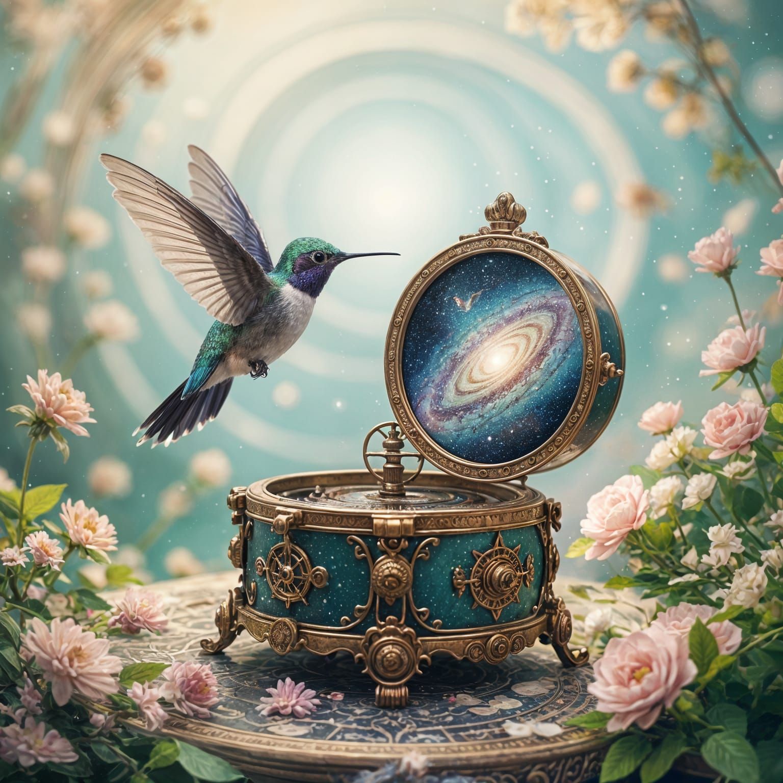 Hummingbird with Clockwork Wings Over Music Box