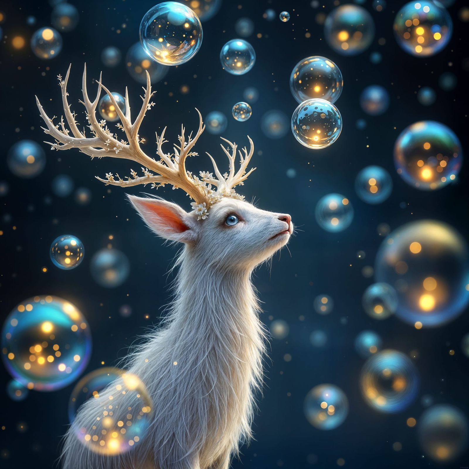 Fantasy Fawn Admires Iridescent Bubbles in Ethereal Space