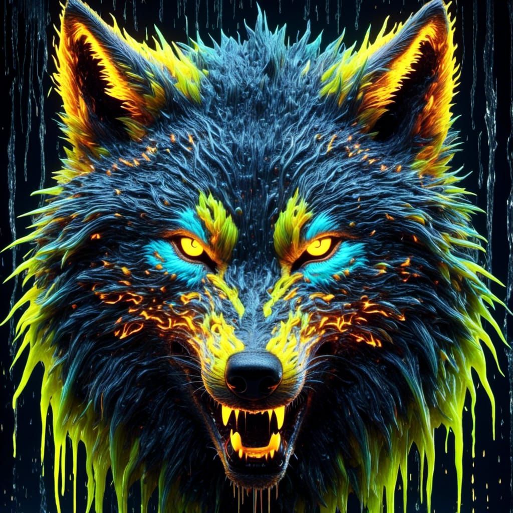 Psychedelic Neon Wolf Collage on Mountain