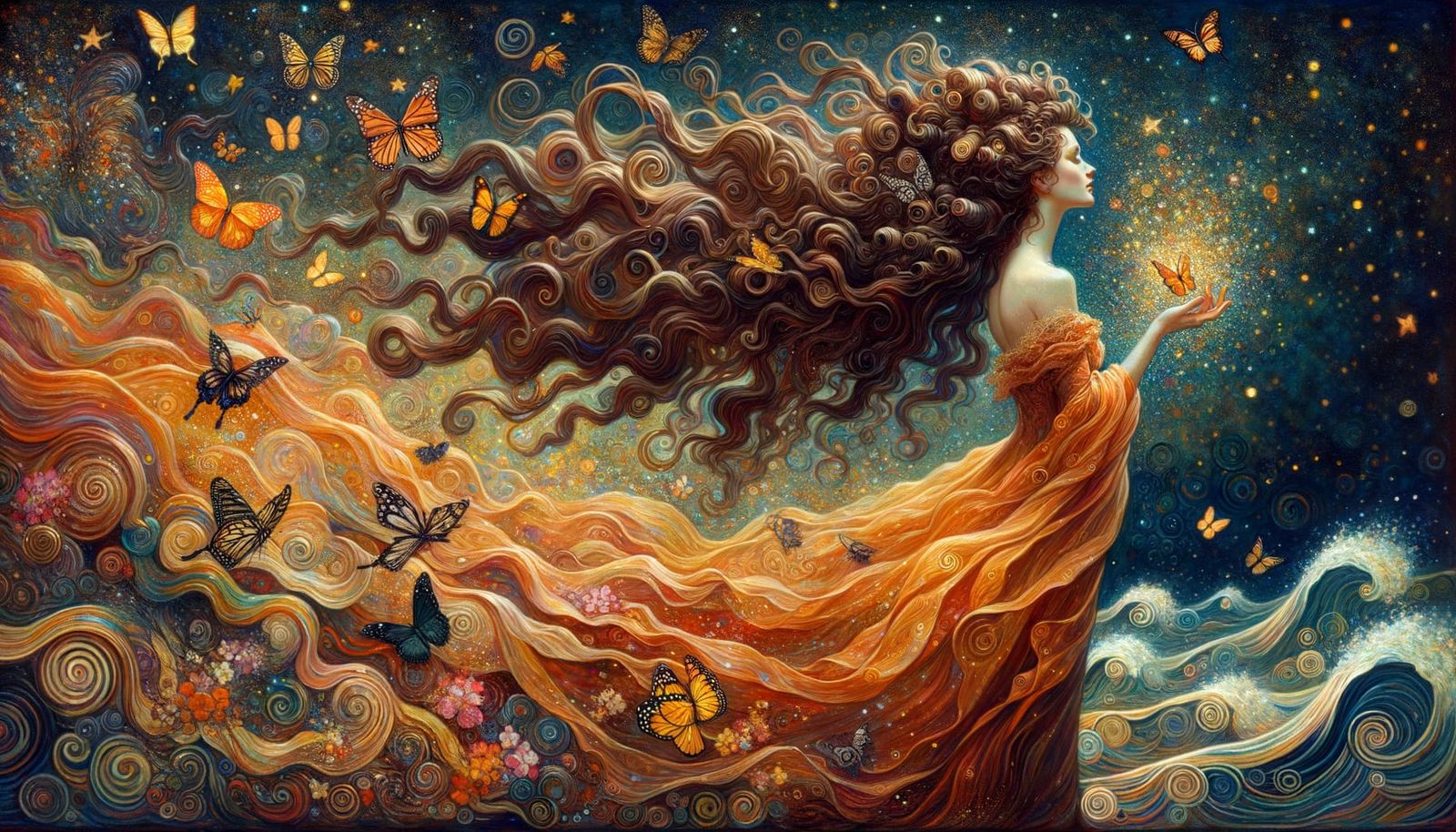 Mysterious Woman in Ethereal Orange Gown, Surrounded by Butt...